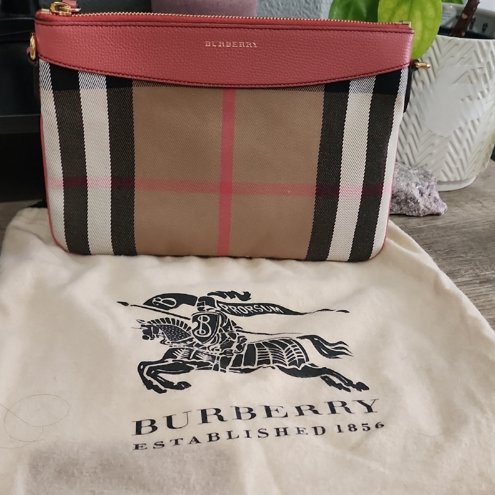 Burberry Haymarket Check Crossbody Clutch Bag with Coral Pink Leather Trim